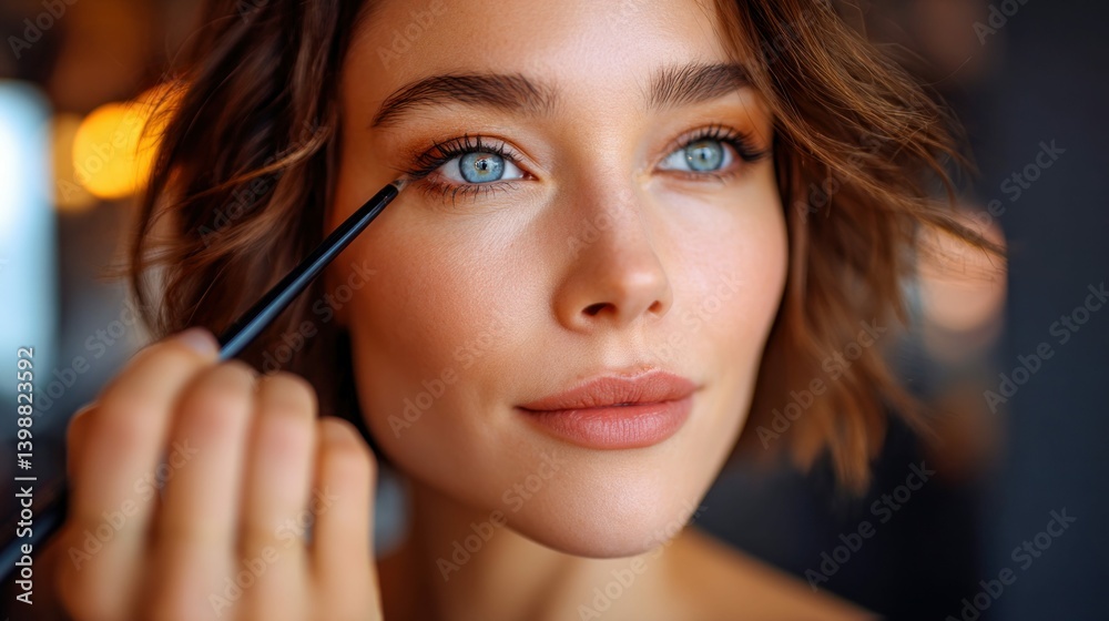 A stunning woman applies eyeliner, highlighting her beautiful blue eyes with skillful precision. A stunning woman applies eyeliner, highlighting her beautiful blue eyes with skillful precision.