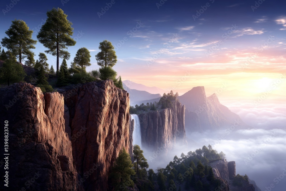 A mountain range with a waterfall and trees in the foreground