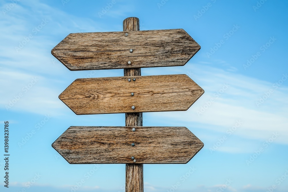 Three Wooden Directional Signs Pointing Against a Blue Sky Background Three Wooden Directional Signs Pointing Against a Blue Sky Background