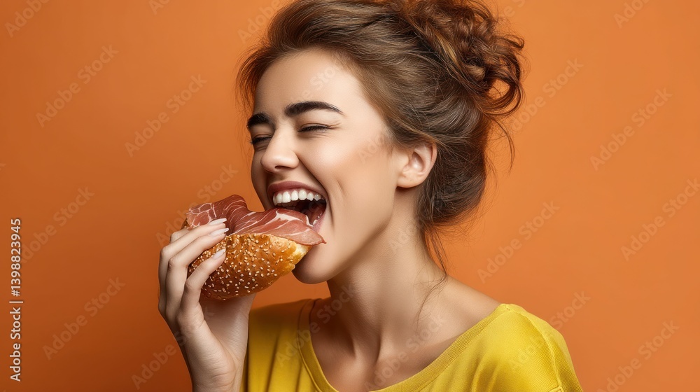 A cheerful woman indulges in a delicious sandwich, showing genuine enjoyment and satisfaction. A cheerful woman indulges in a delicious sandwich, showing genuine enjoyment and satisfaction.