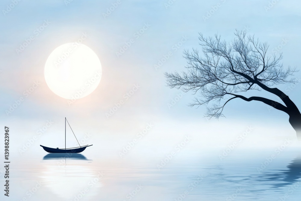 A boat is floating on a lake with a large moon in the background