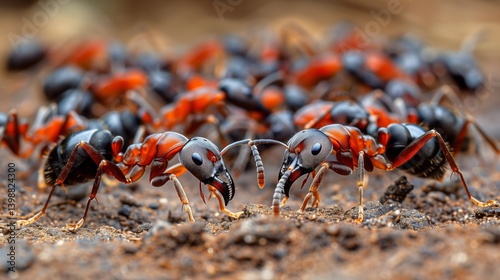 A swarm of black and red ants scurry across the soil