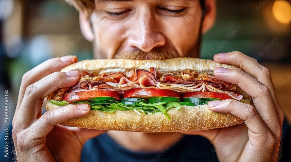 A close-up captures a man enjoying a large, freshly made sandwich with gusto.