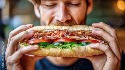 Obraz na płótnie A close-up captures a man enjoying a large, freshly made sandwich with gusto. w salonie