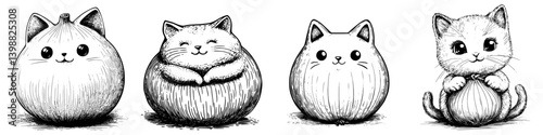 Cute cartoon cats in various playful poses resembling fruits, showcasing their adorable traits in a whimsical illustration