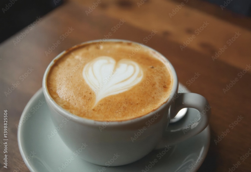Fototapeta premium A heart design on a cup of coffee sitting on a wooden table.