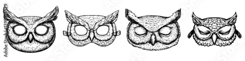Intricate owl masks showcasing diverse owl species and artistic styles in a striking black-and-white illustration