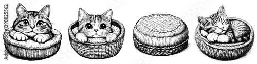 Cats resting in cozy baskets during a calm moment in an illustrated setting