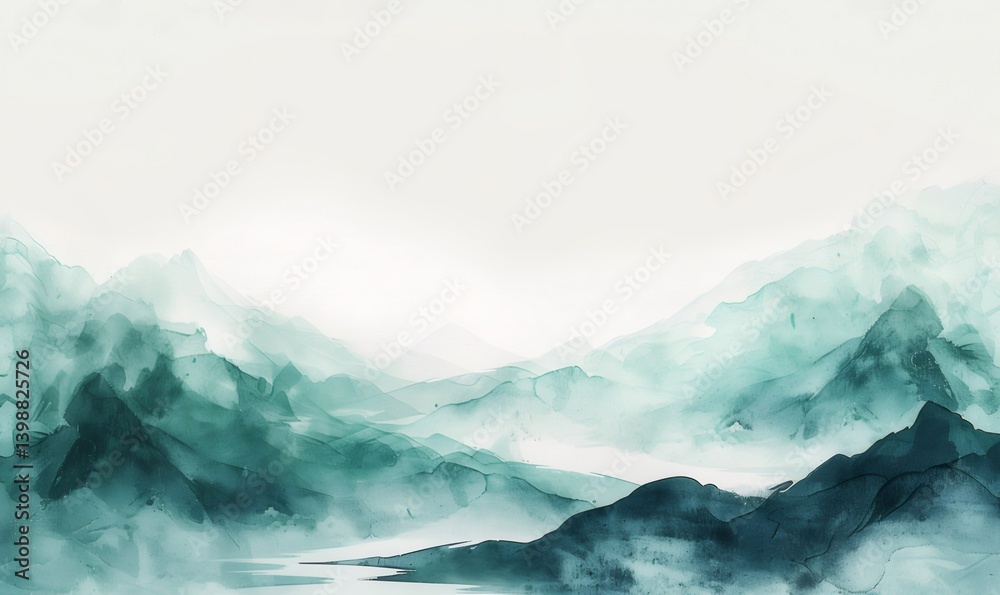 Abstract Watercolor Painting Of Misty Mountain Range Displaying Foggy Environment And Ethereal Sky Abstract Watercolor Painting Of Misty Mountain Range Displaying Foggy Environment And Ethereal Sky