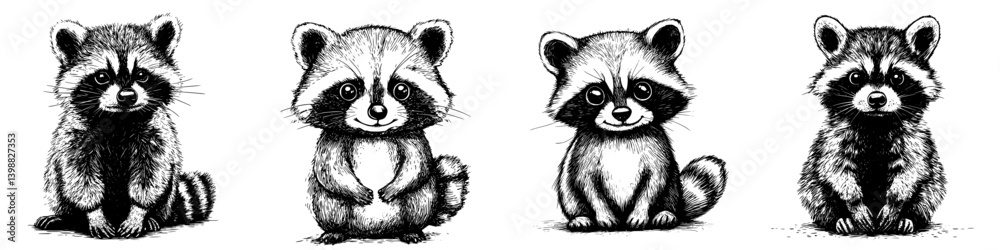 Fototapeta premium Illustration of playful raccoons displaying different expressions and poses in a whimsical style