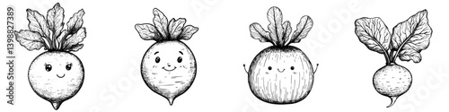Cute hand-drawn radishes with smiling faces and leafy tops in various poses on a white background