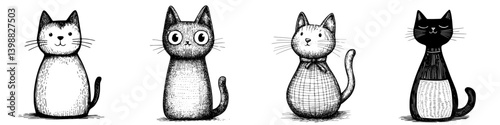 Cute and quirky cartoon cats displayed in various poses with playful expressions in a black and white illustration