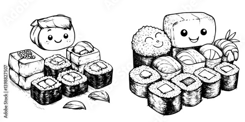 Colorful sushi characters joyfully assembled for a vibrant food illustration in a playful style