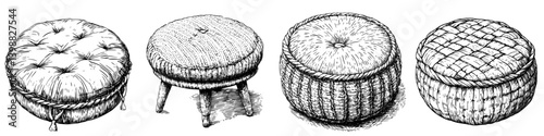 Different styles of decorative ottomans displayed in a vintage art style illustration