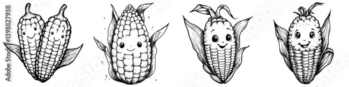 Cute cartoon corn characters expressing joy in a whimsical illustration of farm produce celebrating nature