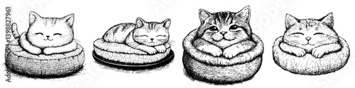 Cozy kittens resting peacefully in soft round beds during a calm afternoon