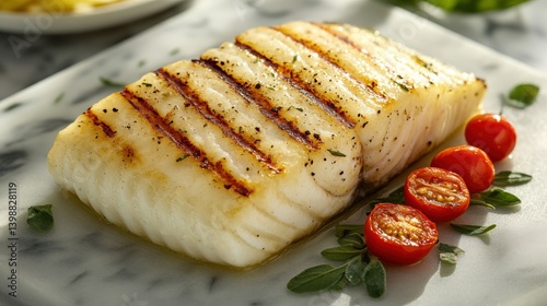 Obraz na płótnie Grilled White Fish Fillet with Cherry Tomatoes and Fresh Herbs on Plate w salonie