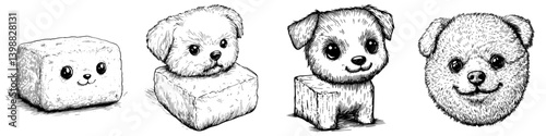 Cute dog illustrations in playful cubical shapes, highlighting adorable expressions and soft textures, suitable for art or children?s products