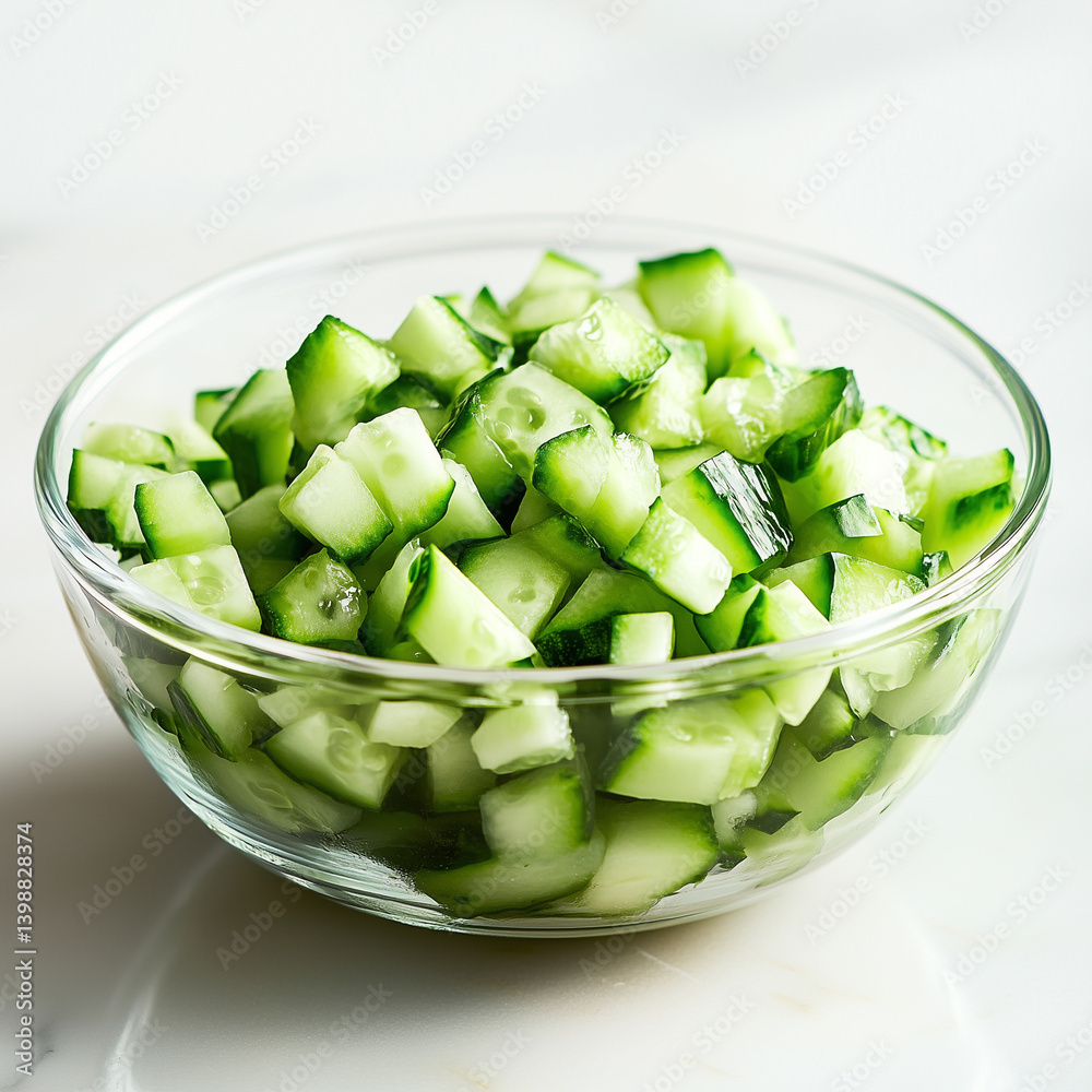 Fresh diced cucumber in a clear glass bowl on a light kitchen surface Fresh diced cucumber in a clear glass bowl on a light kitchen surface