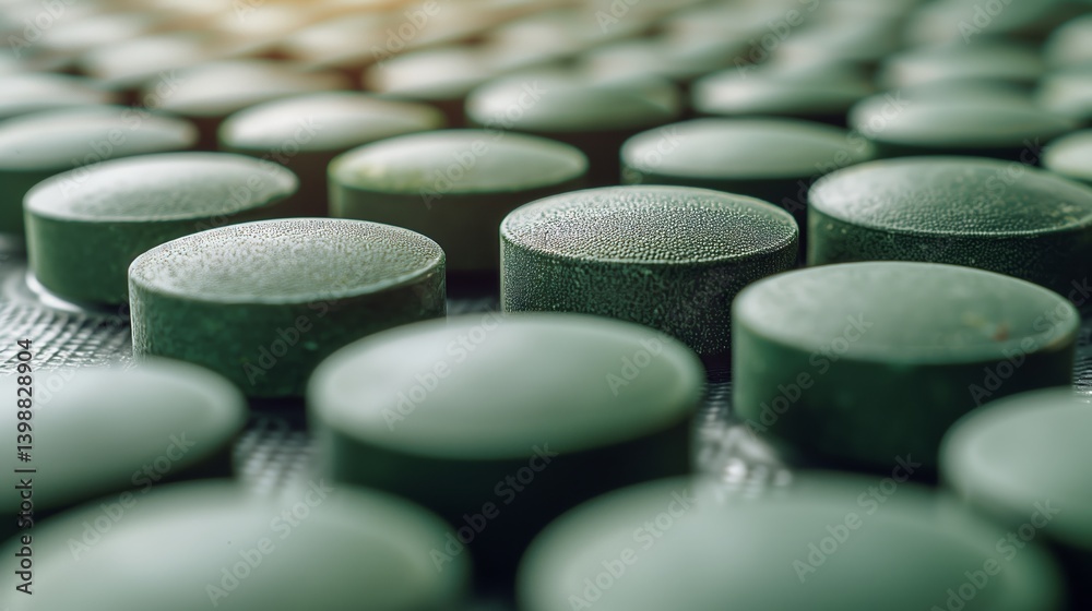 Fototapeta premium Closeup of circle pattern green pills on metal table
