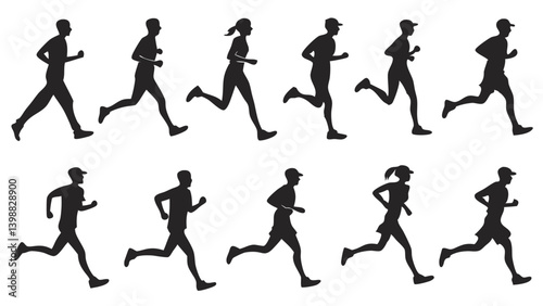 Wallpaper Mural Silhouettes of people running in a row in various poses and wearing different types of athletic clothing Torontodigital.ca