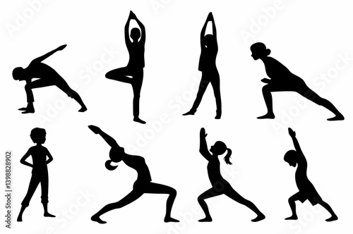 Silhouette illustration showcasing people performing various yoga poses and stretching exercises in black