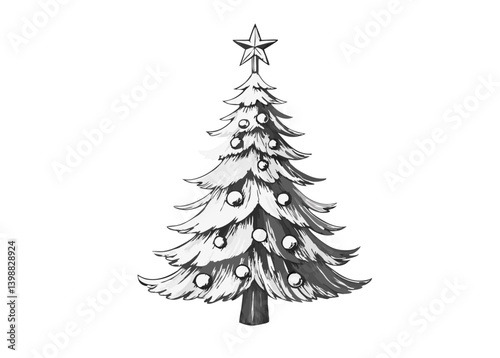 Illustration of a christmas tree decorated with ornaments and a star on top in grayscale style