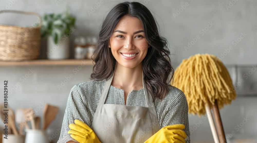 Smiling woman wearing apron and gloves is ready for cleaning her bright kitchen with a mop. Smiling woman wearing apron and gloves is ready for cleaning her bright kitchen with a mop.