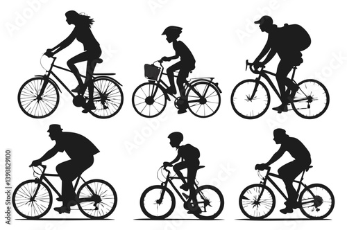 Silhouettes of people riding bicycles in various styles and poses on a white isolated background image