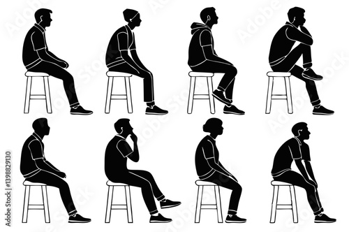 Silhouettes of people sitting on stools in various poses and positions in a black and white illustration