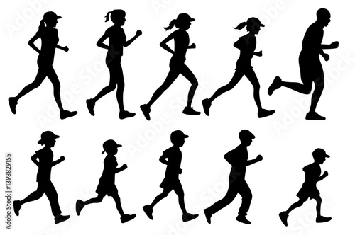 Silhouettes of people running and jogging in a row wearing hats and caps in a black and white image style