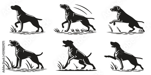Collection of six silhouette illustrations of a pointer dog in various stances and positions outdoors