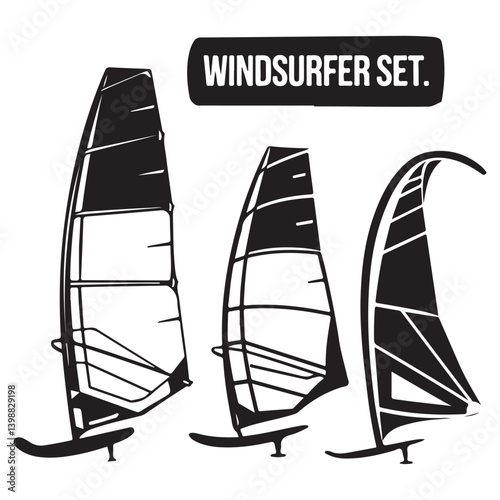Windsurfer Black Silhouette on White Background – Minimalist Monochrome Water Sports Icon


