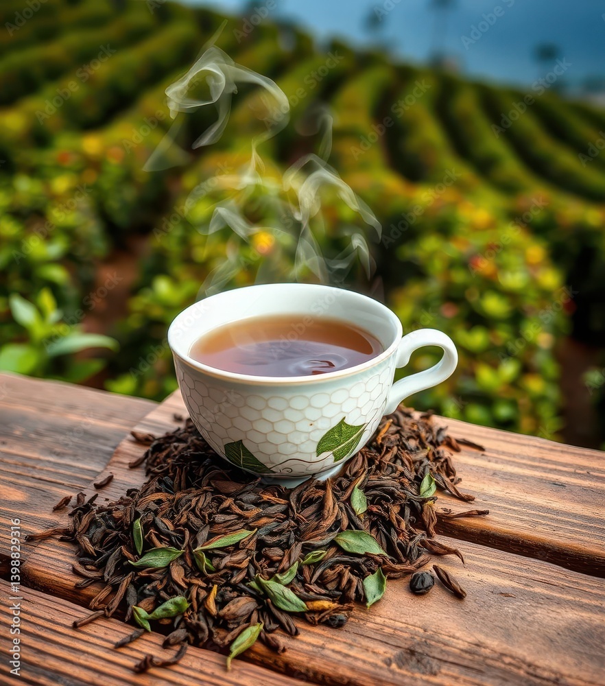 Steaming teacup, loose tea leaves, wooden table, tea plantation backdrop, serenity, texture, image