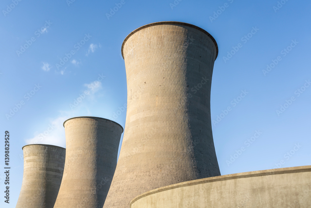 Cooling towers in geothermal power plant at sunset. Larderello, Italy Cooling towers in geothermal power plant at sunset. Larderello, Italy