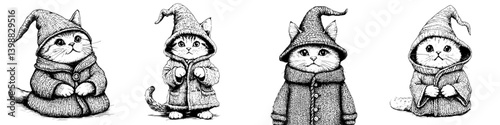 Cats in cozy hooded coats pose cutely in a whimsical illustration, showcasing their playful personalities and charm on a crisp day