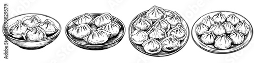 Dumplings arranged in various bowls showcasing traditional culinary art and preparation methods from diverse cultures