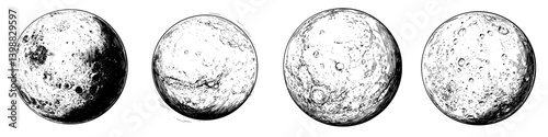 Different phases of a celestial body captured in detailed black and white sketches depicting surface features and texture