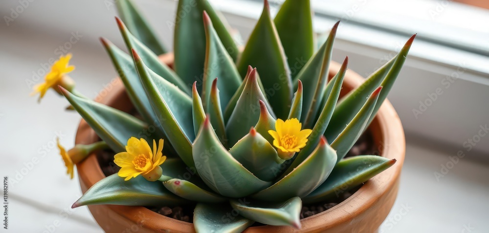 Succulent aloe vera plant in terracotta pot, thick green leaves, yellow flowers, illustration, healing