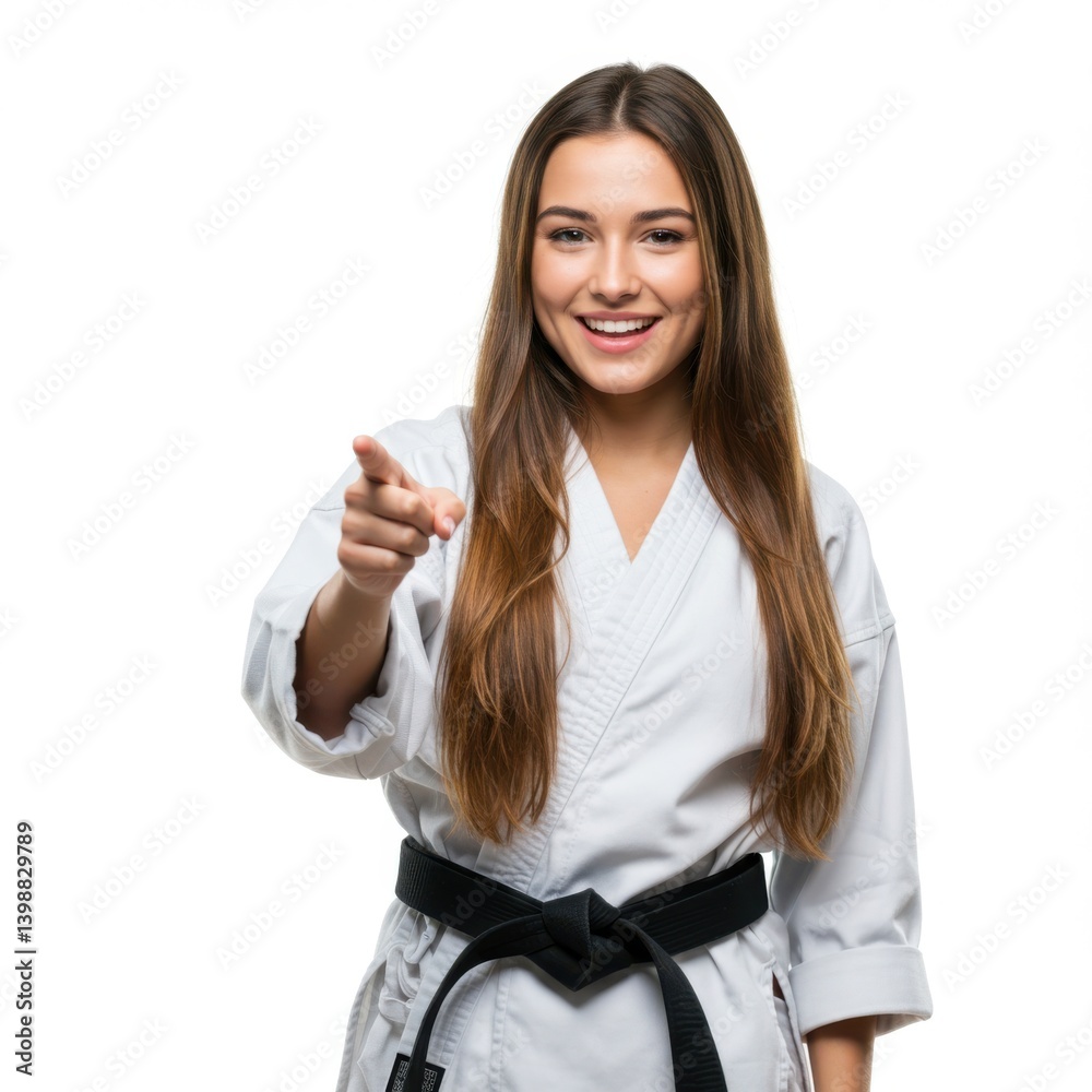 Smiling young woman in karate gi pointing confidently in martial arts portrait isolated on white background Smiling young woman in karate gi pointing confidently in martial arts portrait isolated on white background