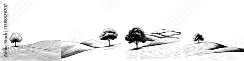 Rolling hills with stylized trees showcasing a serene landscape during daytime