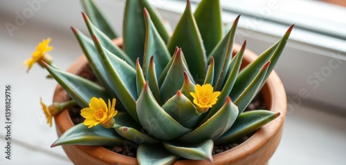 Obraz na płótnie Succulent aloe vera plant in terracotta pot, thick green leaves, yellow flowers, illustration, healing w salonie