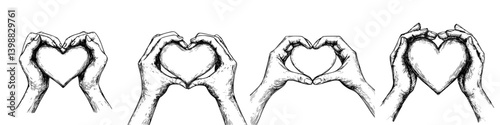 Hands forming hearts in various styles showcase love and connection in a creative composition