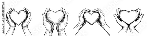Various hand gestures forming heart shapes illustrating love and connection among people in a simple artistic style