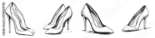 Elegant high-heeled shoes arranged in a stylish display showcasing various designs and angles