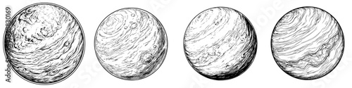Various representations of a giant gaseous planet showcasing distinct atmospheric features and textures across different angles