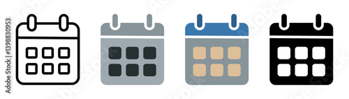 Calendar icon set.Flat style calendar icon ideal for web and mobile interfaces. Features a minimalist design, perfect for planners, schedulers, and productivity apps.