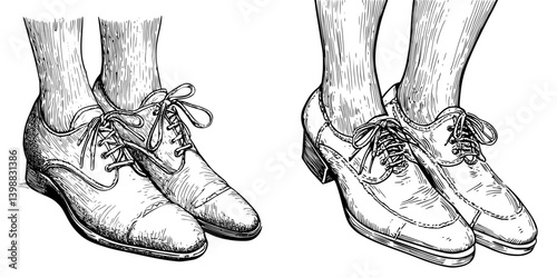 Detailed illustration of two pairs of dress shoes on feet, showcasing different styles and lacing techniques