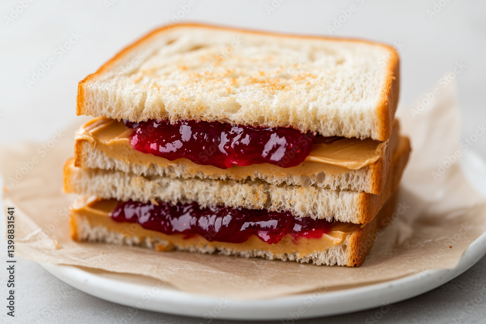 Toasted peanut butter and jelly sandwich halved, on white plate Toasted peanut butter and jelly sandwich halved, on white plate