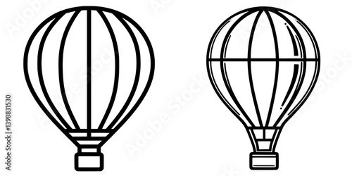 Detailed illustration of two hot air balloons showcasing unique designs and structures in a minimalist style